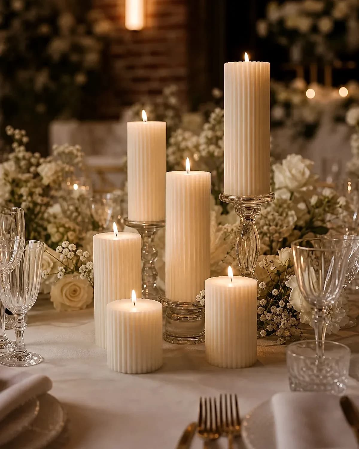 Ribbed ivory candles styled on an elegant event table