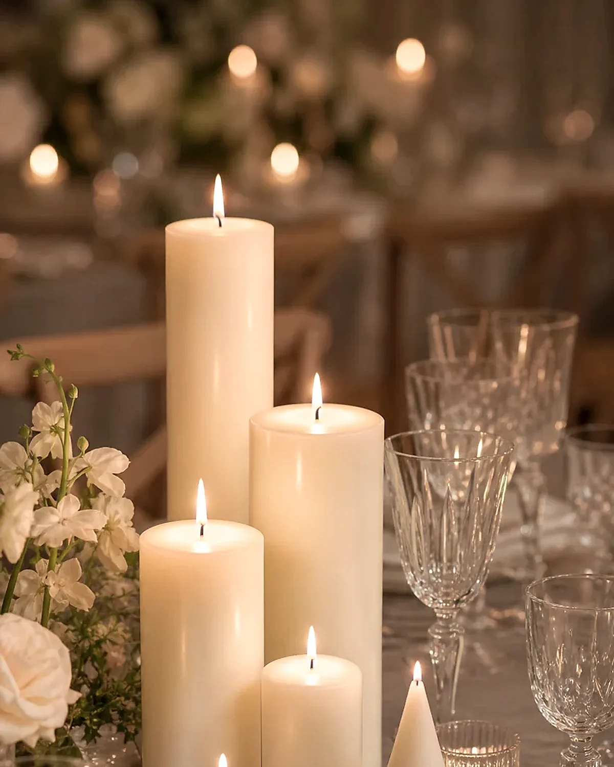 Smooth ivory candles with a cone candle accent on a luxury table setting